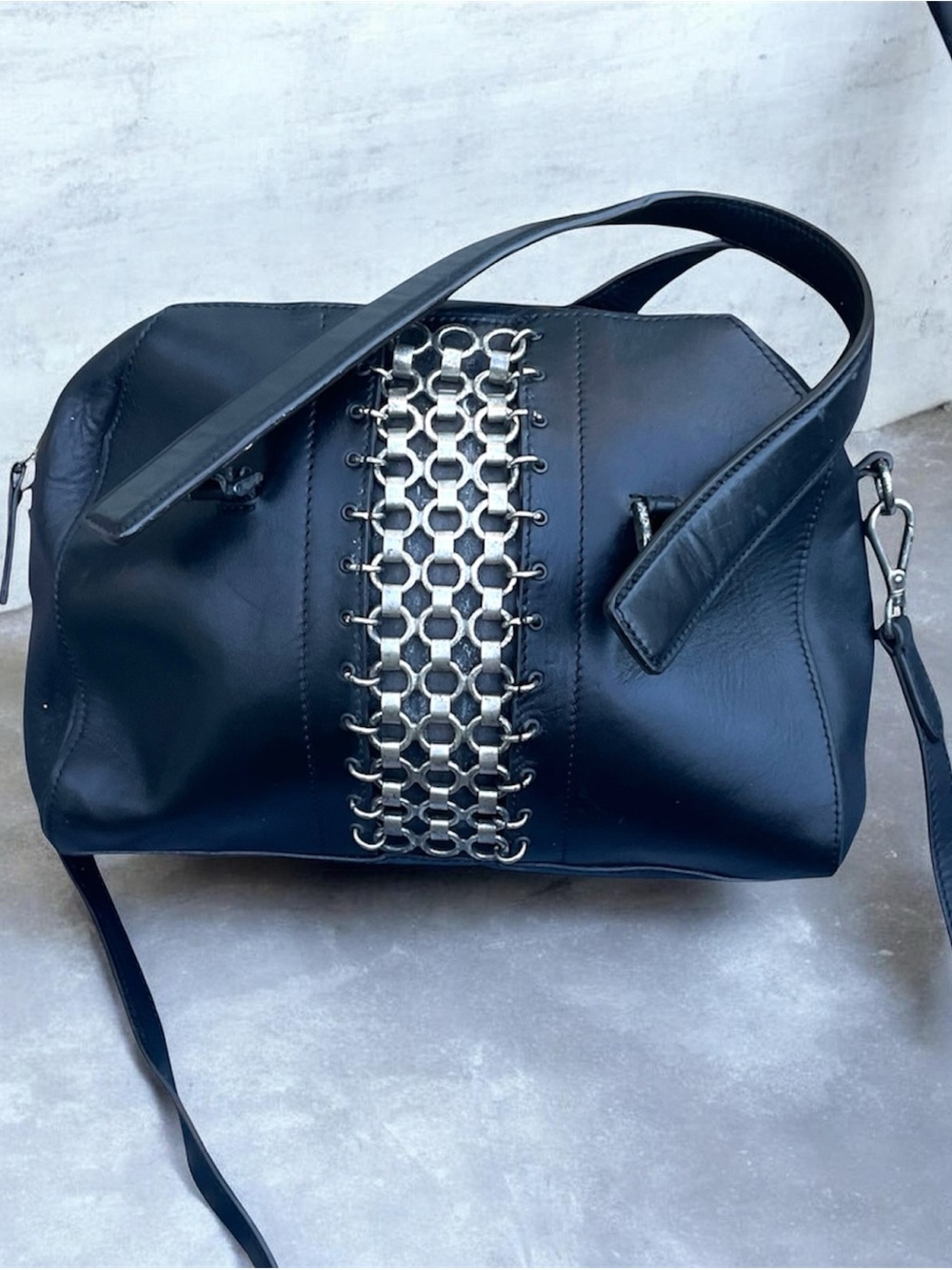 DANNIJO Black Leather Shoulder Bag with Silver Chain Detail
